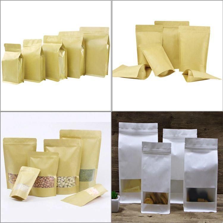 Stand up Zip Lock Flat Bottom Eight Side Sealing Kraft Paper Bag with Window