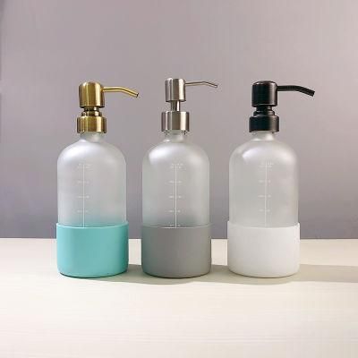 Custom 500 Ml 16 Oz Amber Hand Sanitizer Dispenser Soap Glass Pump Bottle with Silicone Sleeve