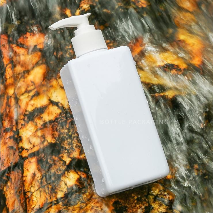300ml Flat Rectangle White Plastic Bottle with Open and Stop Lotion Pump