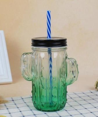 15oz Wholesale Cactus Decoration Colors Glass Mason Jar with Handle for Beer Juice Water Drinking Mugs