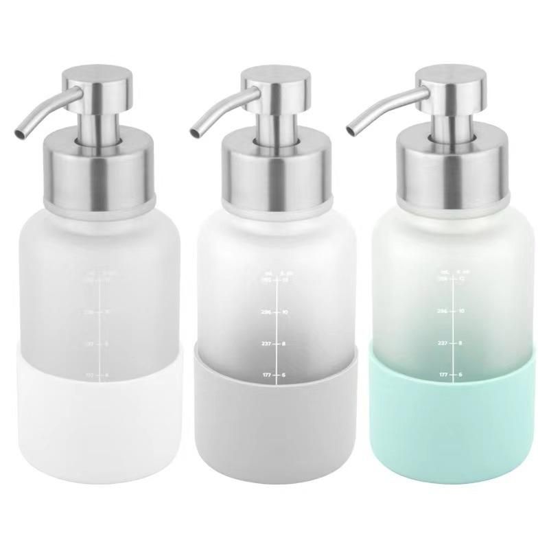 350ml 12oz Frosted Round Hand Sanitizer Hand Wash Pump Lotion Shampoo Dispenser Soap Glass Bottle with Silicone Sleeve