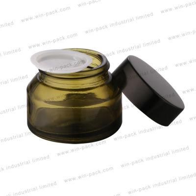 30g 50g Round Shape with Oblique Shoulder Black Glass Cream Jar with Black Cap for Skincare