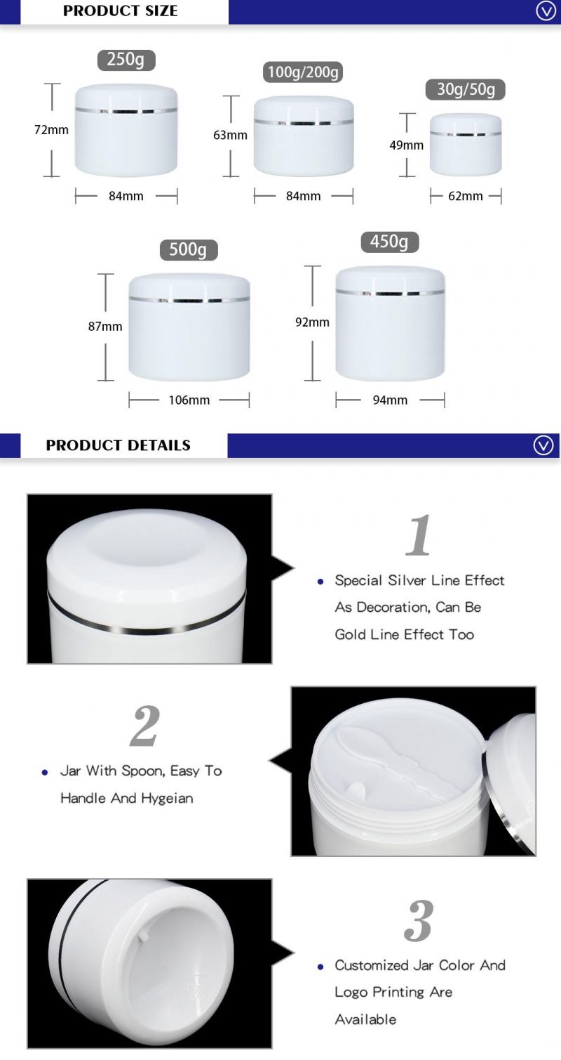 Factory Price 30g 50g 100g 200g 250g 450g 500g Empty Plastic Luxury Cosmetic Jars