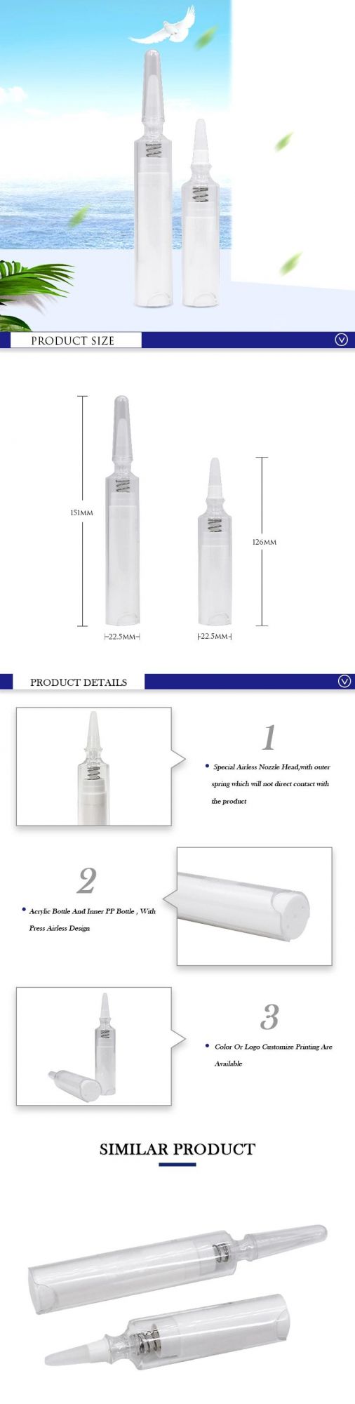 5ml 10ml Airless Bottle for Eye Cream Injection Tube Cosmetic Syringe Bottle