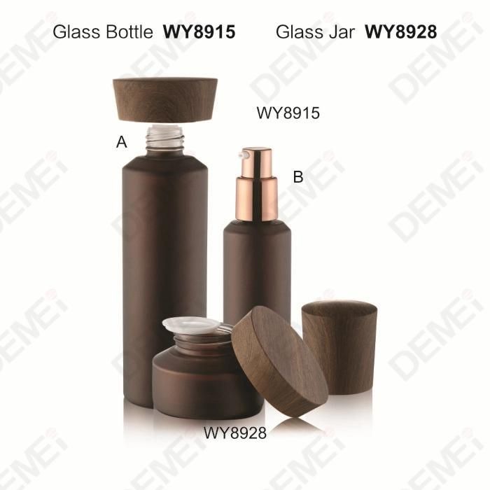 40/100/120/150ml 50g Cosmetic Skin Care Packaging Brown Straight Round Toner Lotion Glass Bottle and Cream Jar with Imitation Wood Grain Cap