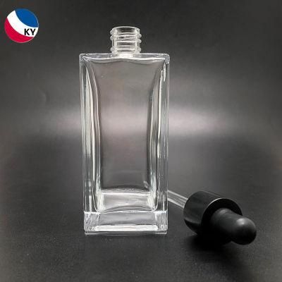 High-End Square Clear Glass Dropper Bottles 100ml Rectangle Glass Essential Oil Bottle with Matte Black Dropper