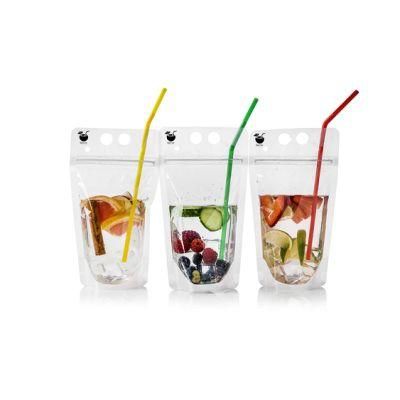 Clear Juice Sealed Drink Pouches Translucent Reclosable Hand Held Stand up Zipper Pouch with Plastic Straw Fruits Juice Plastic Bag