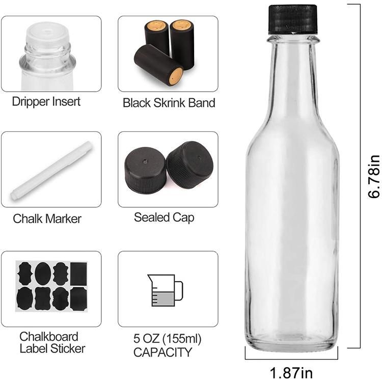 150ml 5oz Cheap Woozy Style Clear Round Hot Sauce Glass Bottle with Black Cap