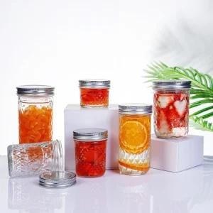Empty Wide Mouth Clear 4oz 8oz 16oz Diamond Caviar Jam Jelly Food Glass Mason Jar with Tinplate Lid