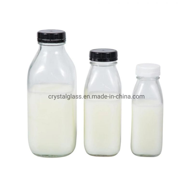 10oz 16oz 30oz French Square Beverage Juice Glass Milk Bottle with Plastic Cap 300ml 500ml 950ml
