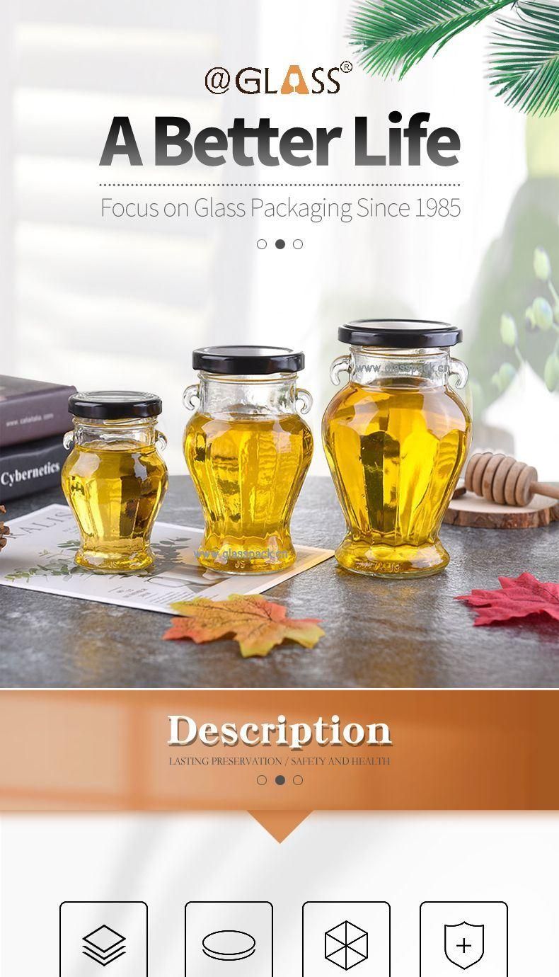 380ml Rhombus Glass Jar with Wooden Spoon Honey Jar