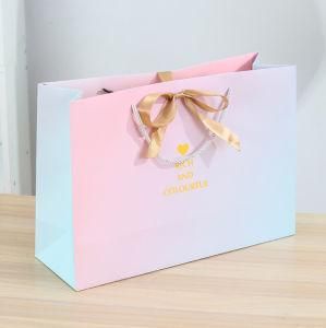 Luxury White Foil Logo Printing Shopping Paper Bag with Ribbon