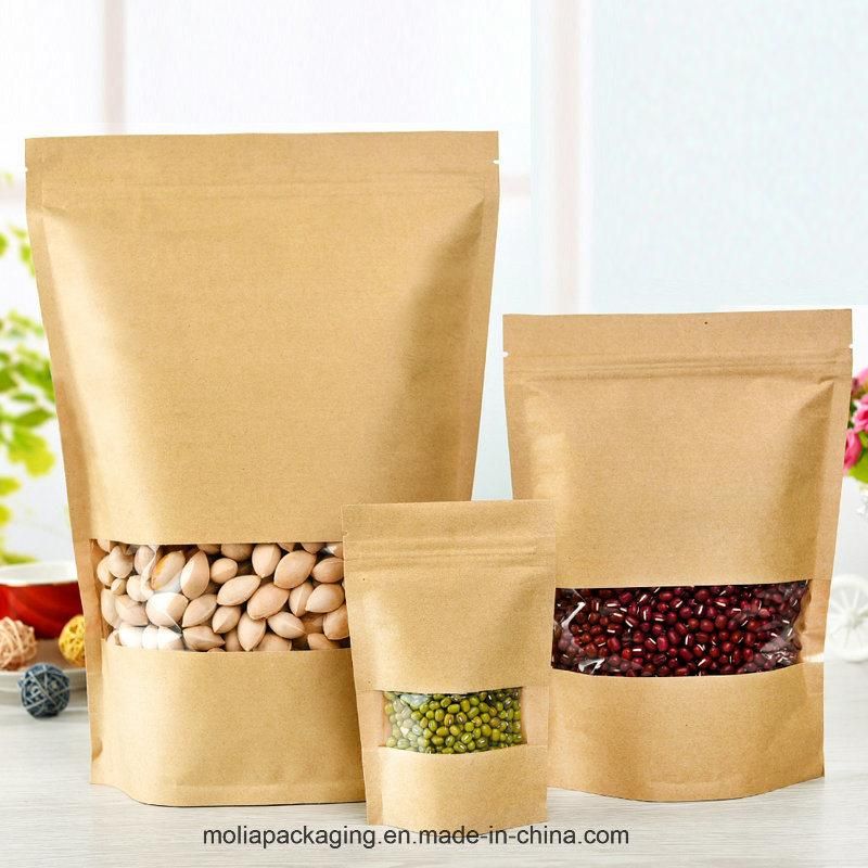 Kraft Zip Lock Stand up Bags Pouches with Notch and Window