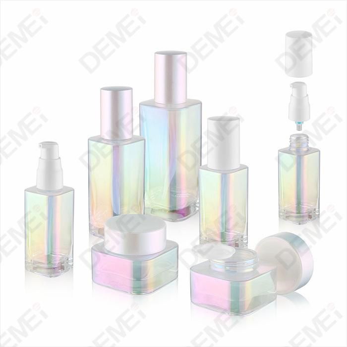 40ml 80ml 110ml Square Glass Bottle Holographic UV Coating with Pearl Cap