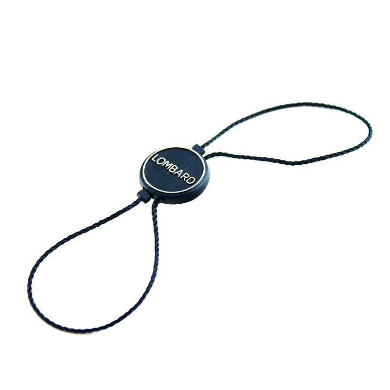 Luxury Hot Stamping Black Plastic String Seal Tag for Jeans