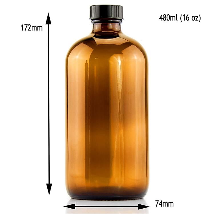 480ml 16oz Amber Boston Round Glass Beverage Essential Oil Bottle with Black Poly Cone Cap