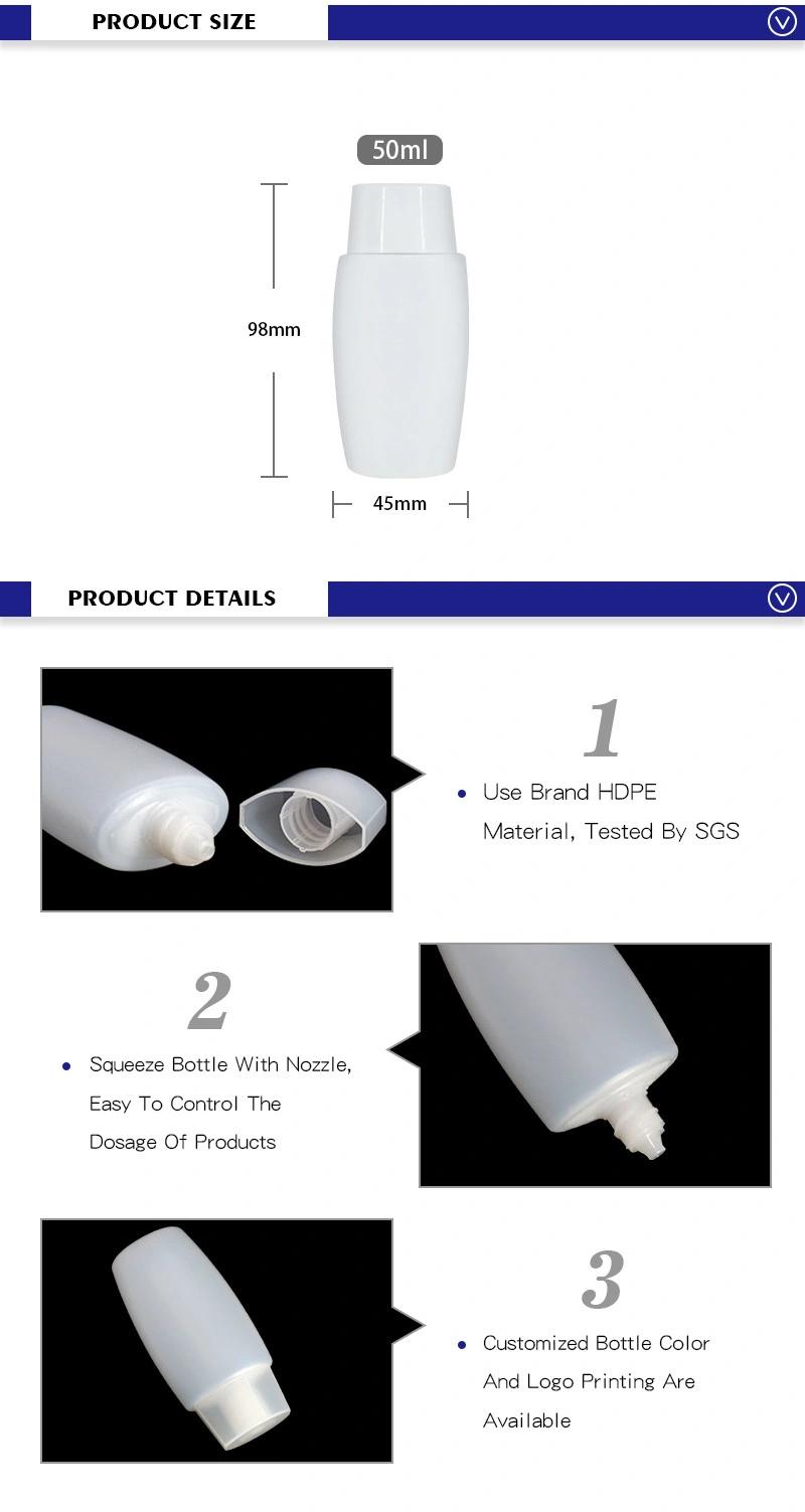 Hot Selling 50ml Plastic White Lotion Cream Bottle with Nozzle