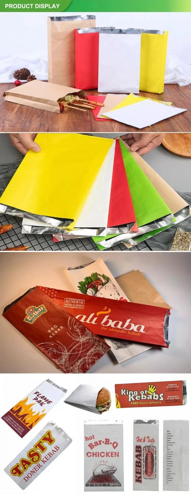 Sandwich Greaseproof Food Packaging Wholesale Foil Paper Lined Doner Kebab Bag