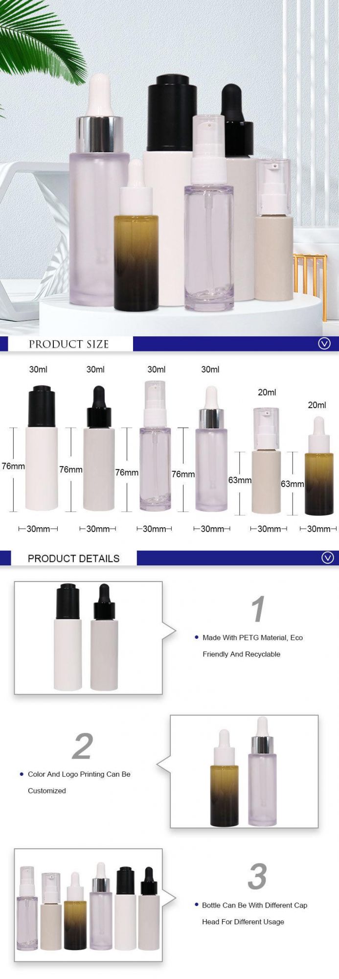 Heavy Wall Pink Eco Friendly PETG Plastic Cosmettic Packaging Serum Dropper Bottle 30ml