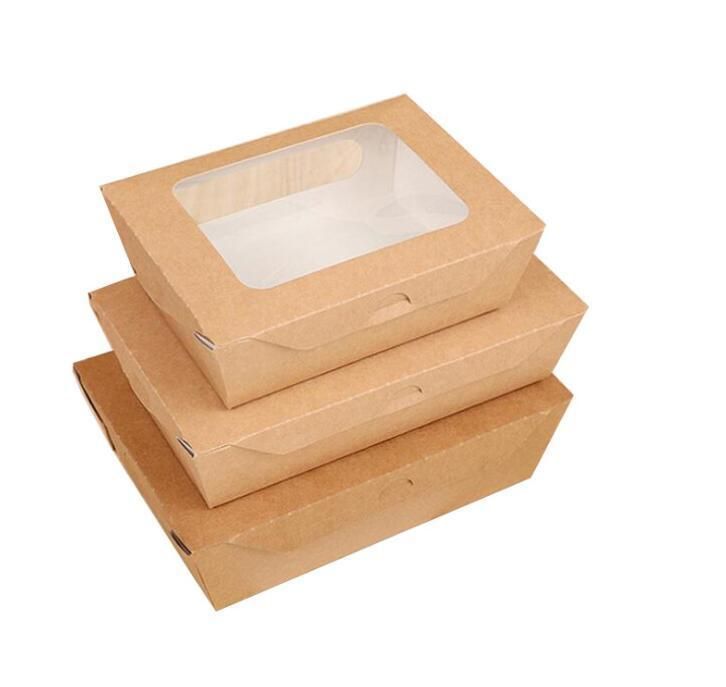 Kraft Paper Lunch Box with Transparent Window Takeaway Salad Fast Food Bento Packaging Box