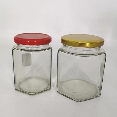 Six Edge Food Storage Glass Honey Pickles Jar with Black Lid
