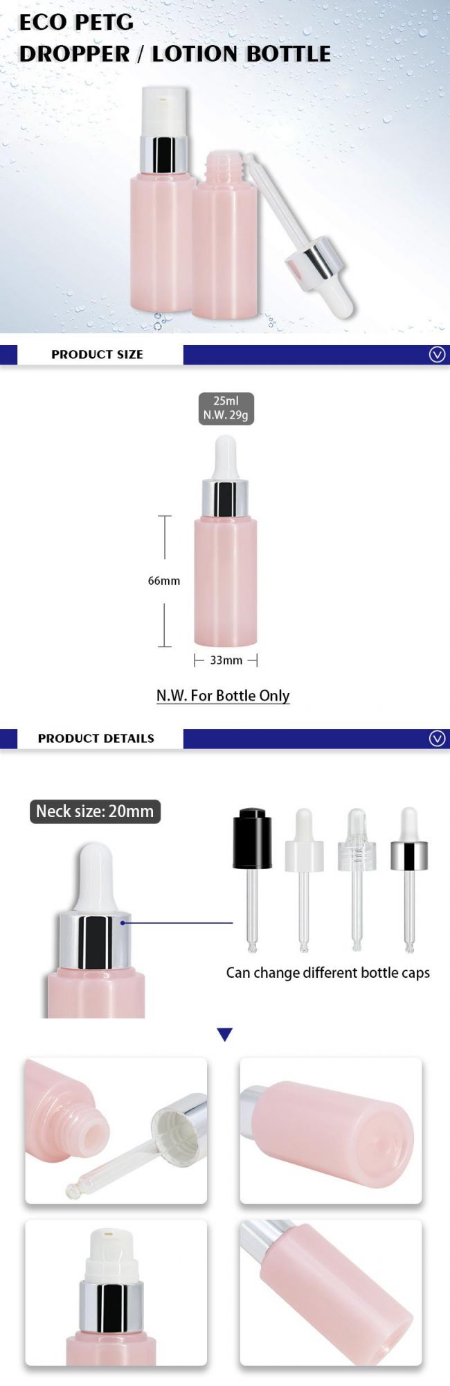 Eco PETG High Quality 25ml Cosmetic Water Drop Mini Cute Pink Color Dropper Bottles