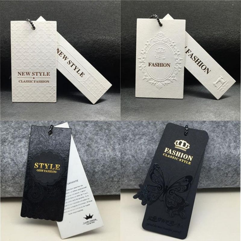 Custom Brand Name Silver Foil Print Emboss Texture Matte Black Paper Cardboard Hang Tags for Handbag