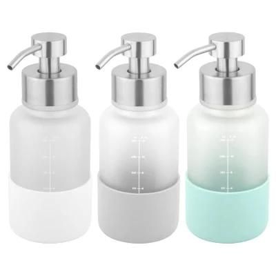 Custom 12oz Frosted Hand Sanitizer Lotion Pump Shampoo Dispenser Soap Glass Bottle with Tick Marks Silicone Sleeve