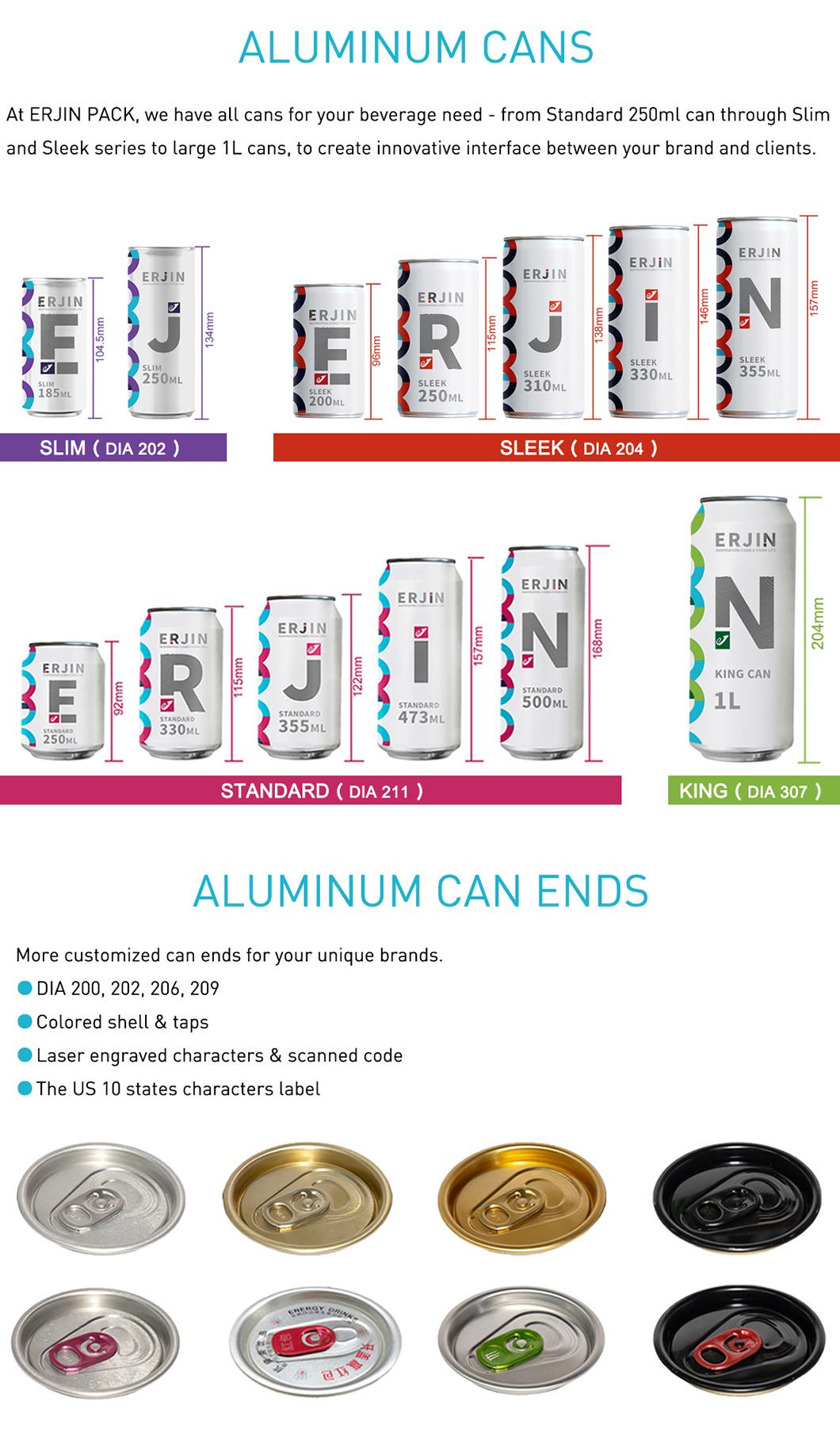 Sleek 250ml Aluminum Beverage Cans with 202 Sot Can Ends