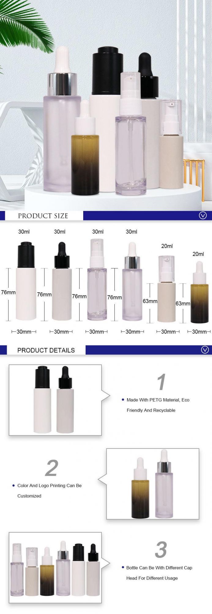 Wholesale 20ml 30ml Round Cosmetic Skincare Packaging Essential Oil Lotion Pump Serum Bottles PETG Plastic Dropper Bottle