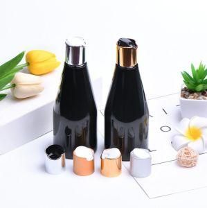 250ml Pet Plastic Cone Shape Black Color Shower Gel Lotion Shampoo Cosmetic Bottle with Gold and Silver Press Cap