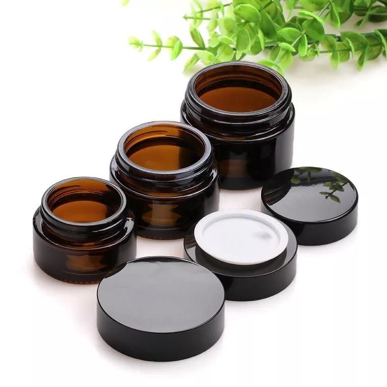 Round Amber 20 30 50g Glass Jar Straight Sided Cream Jars W/ Black Plastic Lid Cap & Inner Liner Empty Cosmetic Containers