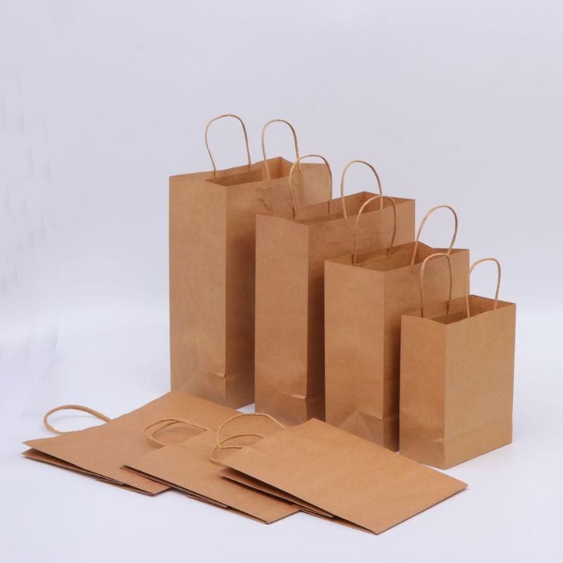 100% Recyclable Eco-Friendly Reinforced Handle Craft Paper Bags, Custom Printed Logo Solid Durable Bottom Brown Kraft Paper Bag.