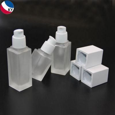 Clear Frosted Glass Lotion Bottle 15 20 30 40ml Square Bottle with Pump for Cream Makeup Bottle