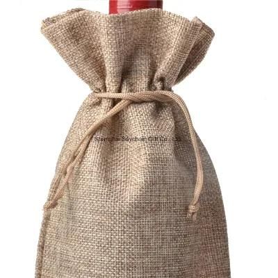 Custom Logo Jute Tote Packing Canvas Drawstring Wine Bottle Gift Bag