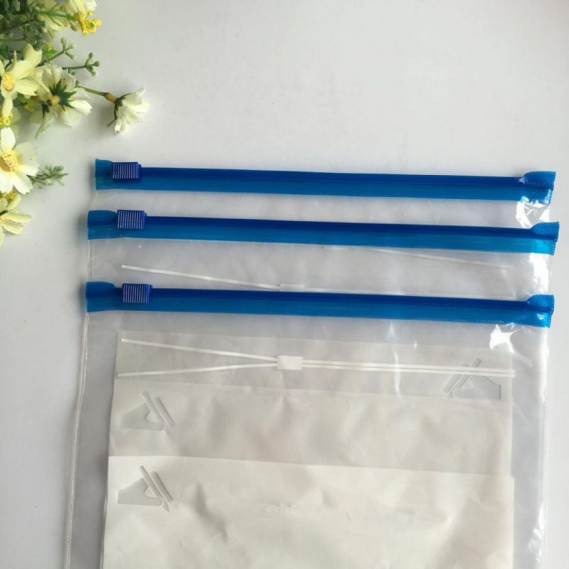 White Block Custom Printed LDPE Transparent Writable Slider Zipper Bag with Blue Sliding Track and Block