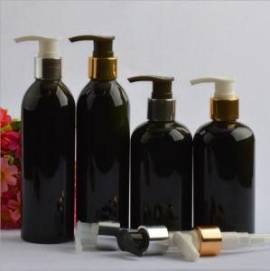 Shiney Black 250ml Plastic Boston Round Lotion Pump Shampoo Bottle with Gold and Silver Lotion Pump