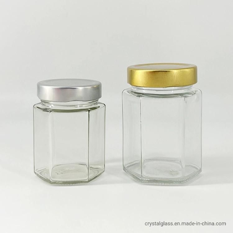 280ml 380ml Hexagonal Peanut Almond Nuts Butter Glass Jar with Gold or Black Metal Lids