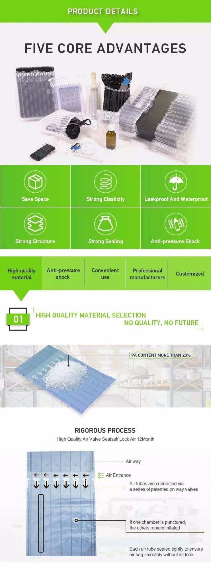 High Quality Adequate Protection Eco Friendly Air Column Packaging Bagsfor Goods Protect