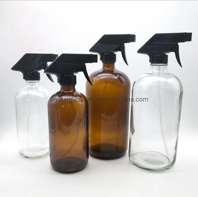 Transparent Boston Glass Bottle with Sprayer for Hand Sanitizer Bottle or Disinfectant Bottle 250ml 500ml 1000ml