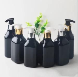 200ml Pet Plastic Long Neck Square Shape Black Cosmetic Shower Gel Shampoo Bottle with Gold and Silver Lotion Pump