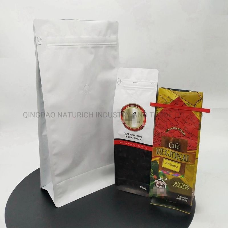 Food Grade Laminated Stand up Zipper Pouch Flat Bottom Packaging Bag with Valve for Coffee Bean