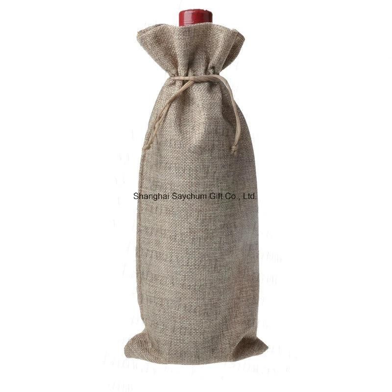 Custom Logo Jute Tote Packing Canvas Drawstring Wine Bottle Gift Bag