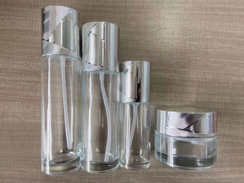 Ds007 Excellent Quality Latest Glass Cosmetic Bottle Set, Pink Glass Cosmetic Bottle and Jar, Cosmetics Cream Glass Bottles and Jars Have Stock
