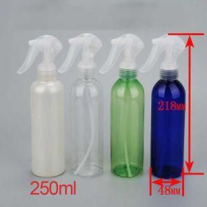 250ml Pet Plastic Green Blue White Round Shoulder Cosmetic Packaging Trigger Sprayer Pump Bottle