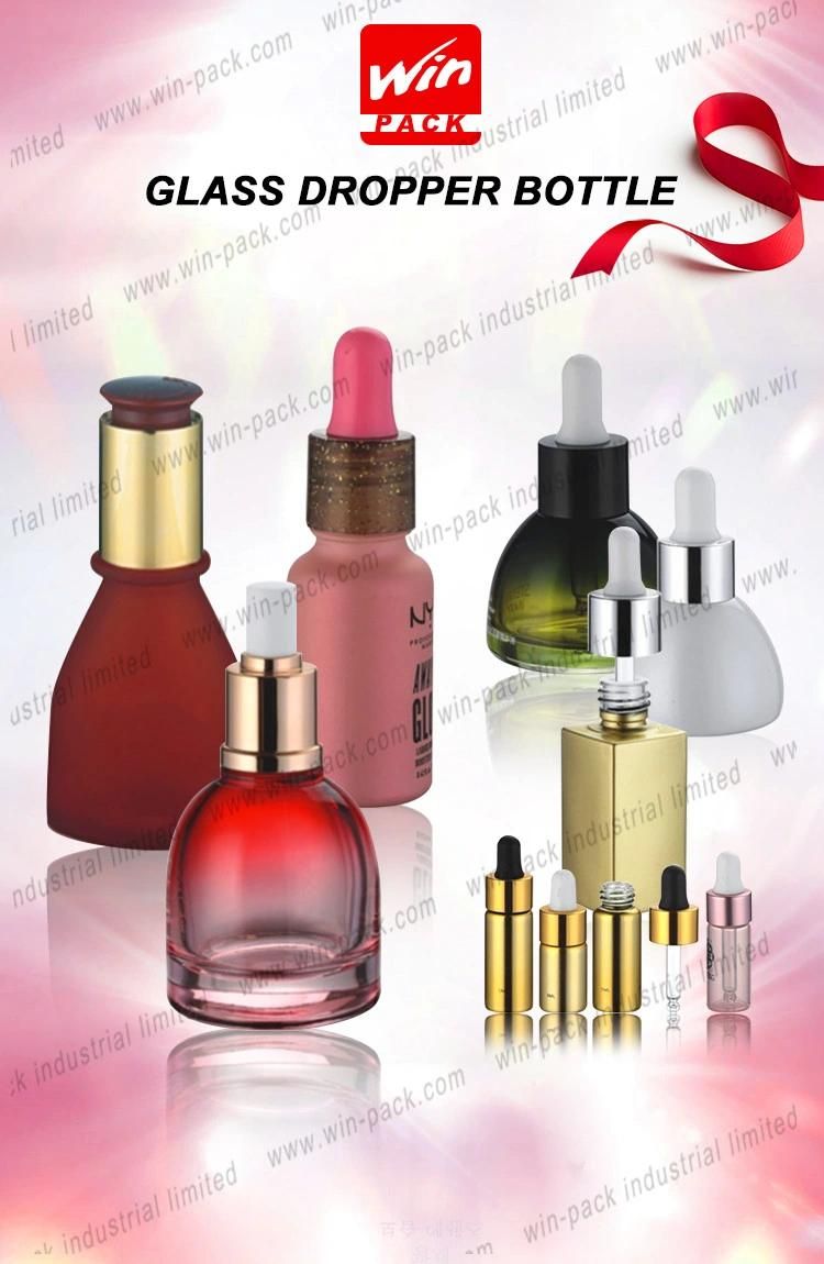 Winpack China Supplier Cosmetic 30ml Square Glass Dropper Bottle with Rubber Head Transparent or Frosted Cosmetic Wholesale 30ml Glass Dropper Bottle with Gold