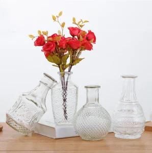 Unique Design Embossed Glass Flower Vase Long Neck Cheap Glass Vase Container with Engrave Logo