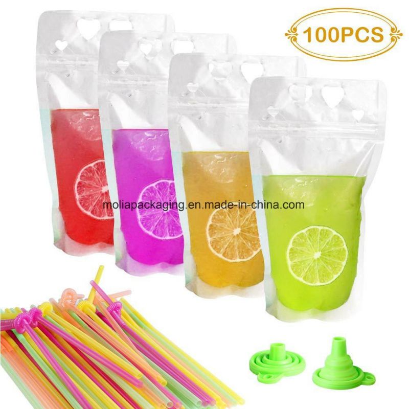 Bio-Degradable Food Grade BPA Free Stand up Disposable Resealable Ziplock Clear Drink Pouch with Straw for Cold Drinks