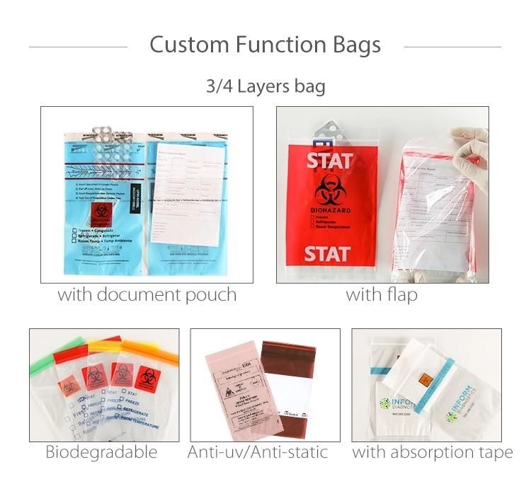 Customized Size, Color Printed, Adhesive/Liquid Tight Specimen Bag, Pill/Drug/Labortary/Medical/Sample Bag