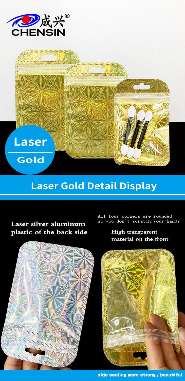 Laser Golden Aluminum Plastic Sleeve Clear Window Zipper Bag